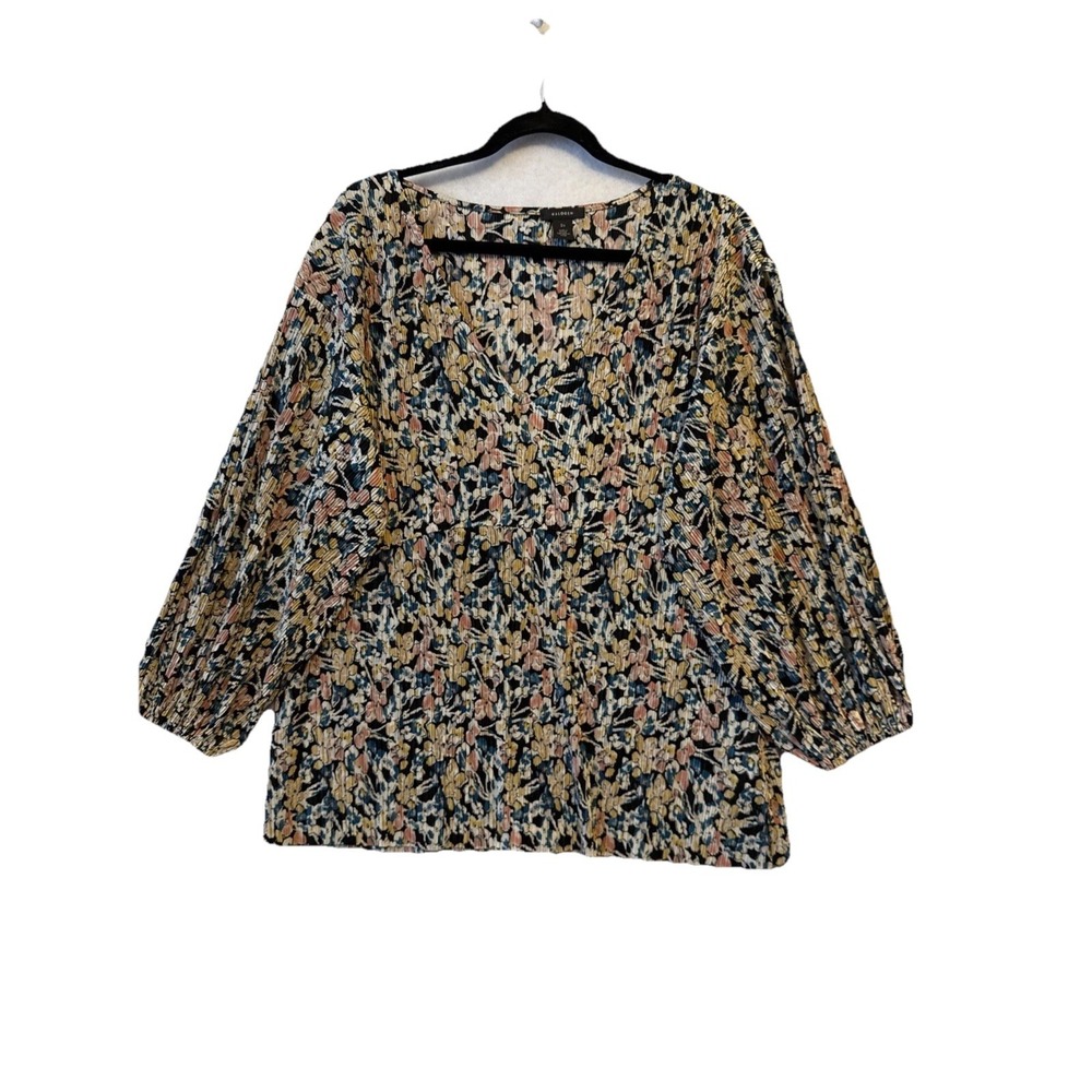 Halogen Satin Floral Pleated Balloon Sleeve V Neck Empire‎ Blouse 2X Cottagecore